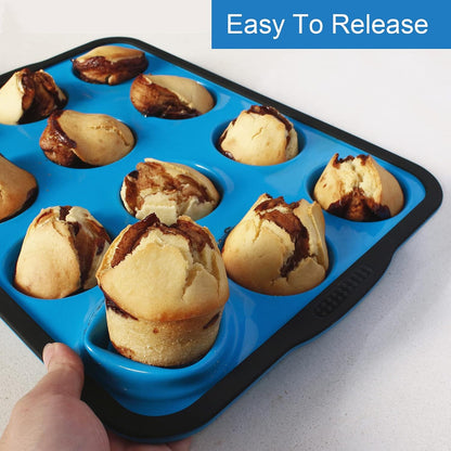 Non-Stick Silicone Muffin Pan with Reinforced Stainless Steel Frame Inside,12 Cup Regular Muffin Baking Mold, 12 Cup Muffin Tin, BPA Free,Dishwasher Safe, Blue