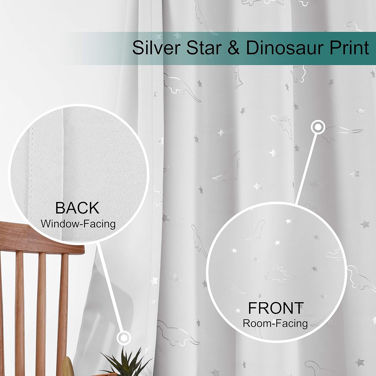 Dinosaur and Star Foil Print Blackout Curtains for Kids Room - Thermal Insulated Curtains Noise Reducing Window Drapes for Boys and Girls Bedroom, 42 X 63 Inch, White, Set of 2 Panels