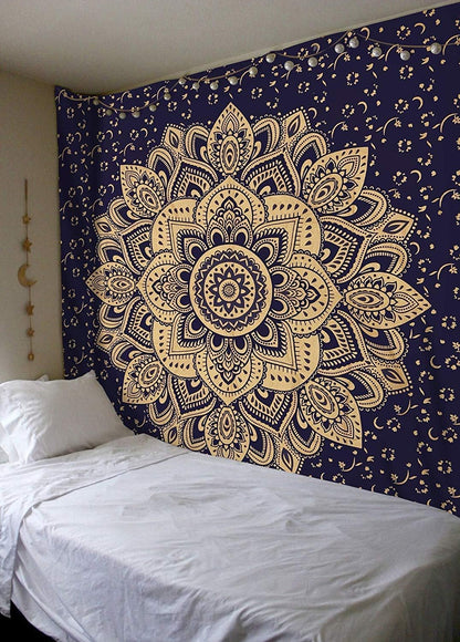 Mandala Tapestry Cotton | Indian Hippie Dorm Bohemian Psychedelic Peacock Mandala | Wall Hanging, Beach Throw, Bedsheet, Table Cover, Yoga Mat | Poster(Blue Dye-Gold, 30 X 40 Inch)