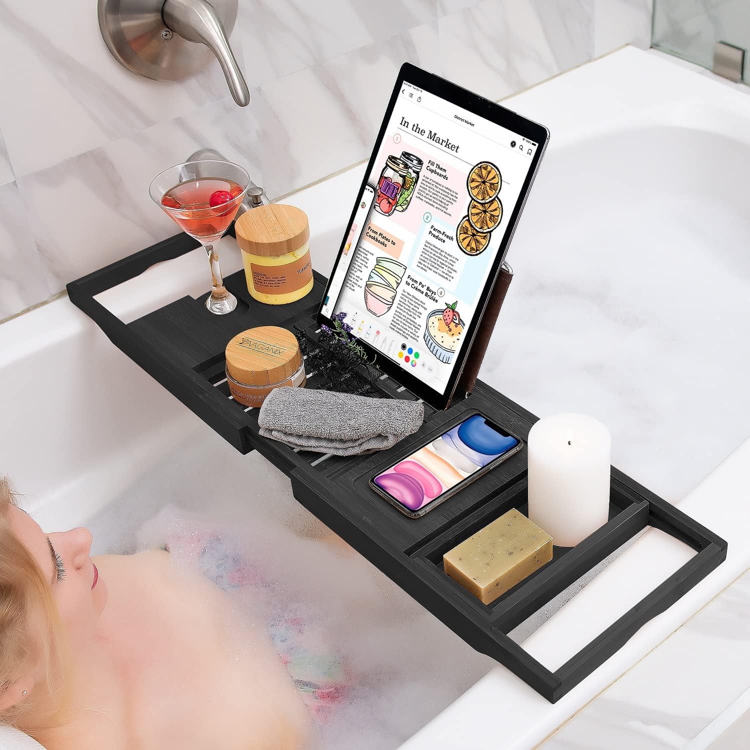 Luxury Bamboo Bathtub Trays for Tub - Expandable Bathroom Tray with Reading Rack or Tablet Holder, Premium Bath Tray with Wine Glass Holder, Bathroom Caddy, Fits All Bathtubs (Black)