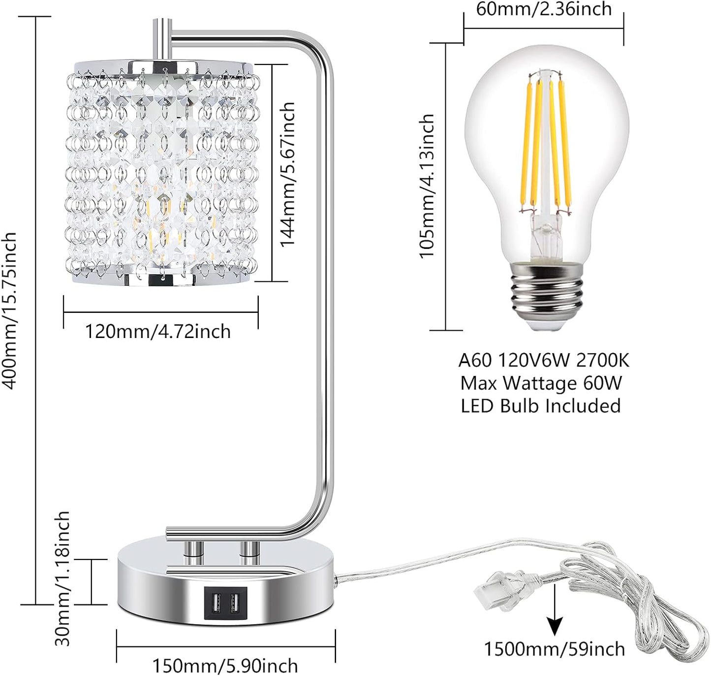 Crystal Touch Control Table Lamp, 3-Way Dimmable Modern Bedside Lamp with 2 USB Charging Ports, Sliver Shade Decorative Nightstand Lamp for Bedroom Living Room Dresser(Led Bulb Include)