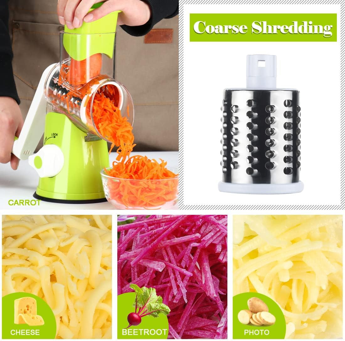 Rotary Cheese Grater Hand Crank, Kitchen Shredder Speed Mandolin Slicer Nut Grinder with Handle and Drum Blades for Cheese, Vegetable, Walnut, Chocolate, Potato, Carrot, 3 Blades, Green