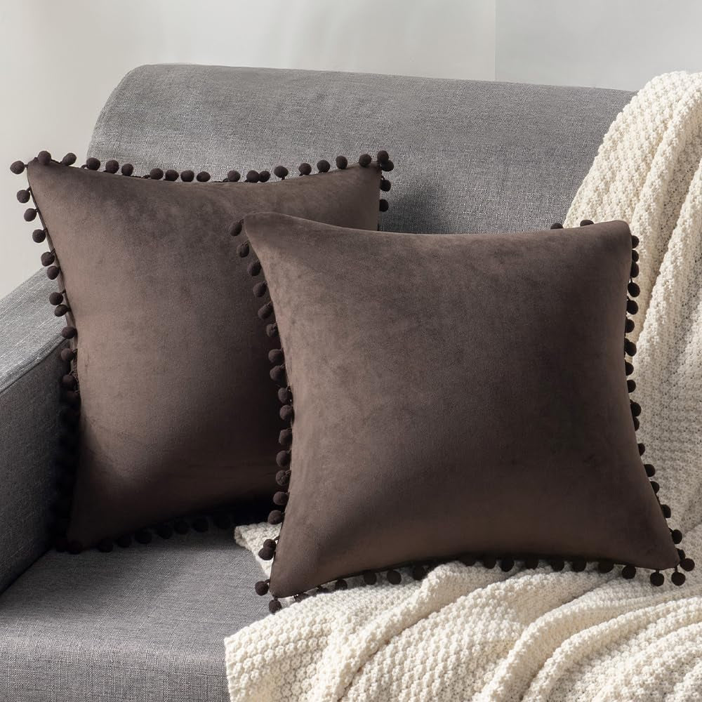 Decorative Pillow Cases 22X22 Brown: 2 Pack Cozy Soft Pom-Poms Velvet Square Throw Pillow Covers for Farmhouse Home Decor