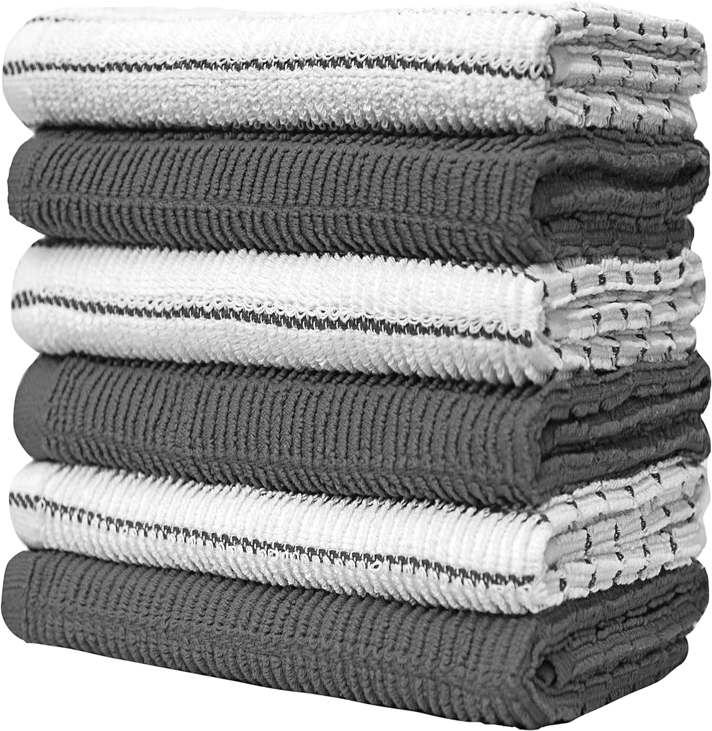 Pack of 6 Premium Bright Kitchen Towels Set - Striped Chef Weave Kitchen Hand Towels - Large, 380 GSM, Extra Absorbent - Dish Towels for Drying Dishes - Cotton Tea Towels - Kitchen Hand Towels - Grey