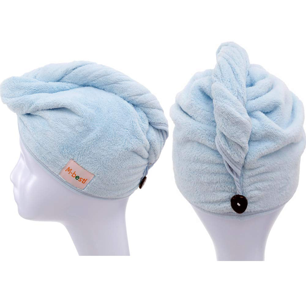 2 Pack Hair Drying Towels, Hair Towel Wrap,Absorbent Microfiber Hair Towel Turban with Button Design to Dry Hair More Quicker(Dark Gray& Blue)