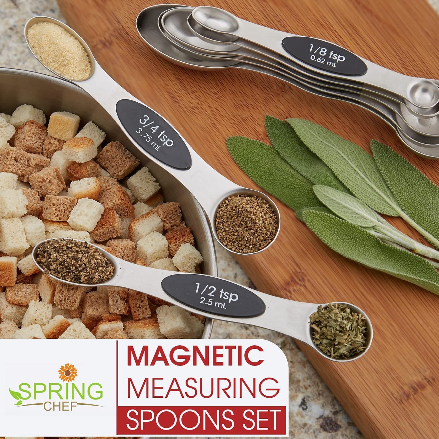 Magnetic Measuring Spoons Set with Strong N45 Magnets, Heavy Duty Stainless Steel Metal, Fits in Most Kitchen Spice Jars for Baking & Cooking, BPA Free, Black, Set of 8 with Leveler