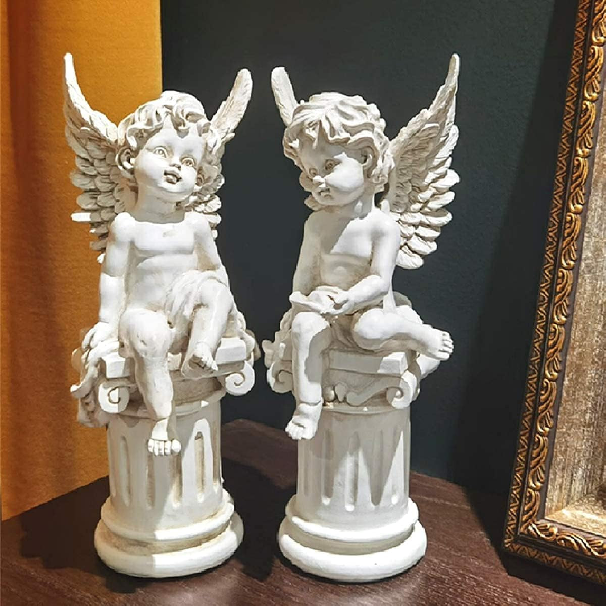 Set of 2 Cherub Angels on Roman Pillar Garden Statue Greek Column Angel Figurine Sculpture Indoor Outdoor Home Garden Decoration Antique Resin 9.8"