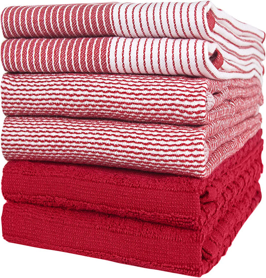 Premium Kitchen Towels (20”X 28”, 6 Pack) | Large Cotton Kitchen Hand Towels | Dish Towels | Flat & Terry Towel | Kitchen Towels | Highly Absorbent Tea Towels Set with Hanging Loop | Red