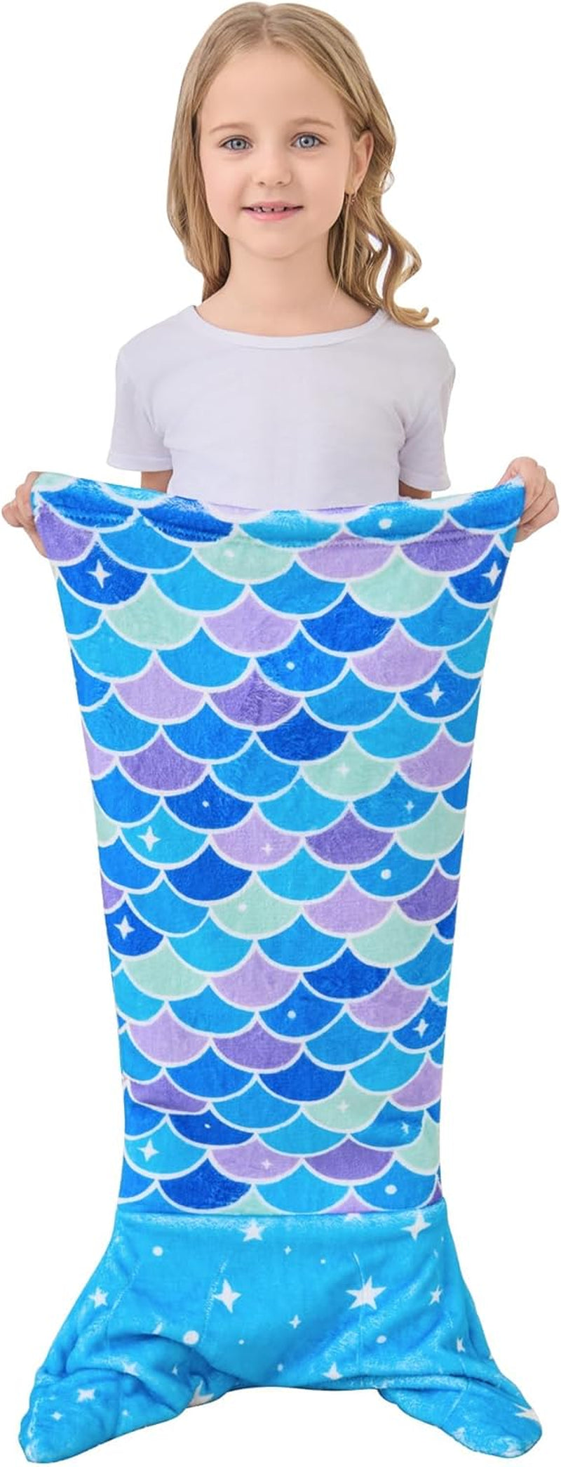 Kids Mermaid Tail Blanket, Soft Flannel Blanket, Girl'S Mermaid Toys, Toddlers Girls Fleece Mermaid Tail Blanket with Star, Fish Scale Pattern, Blue, Gifts for Girls, 17" X 39"