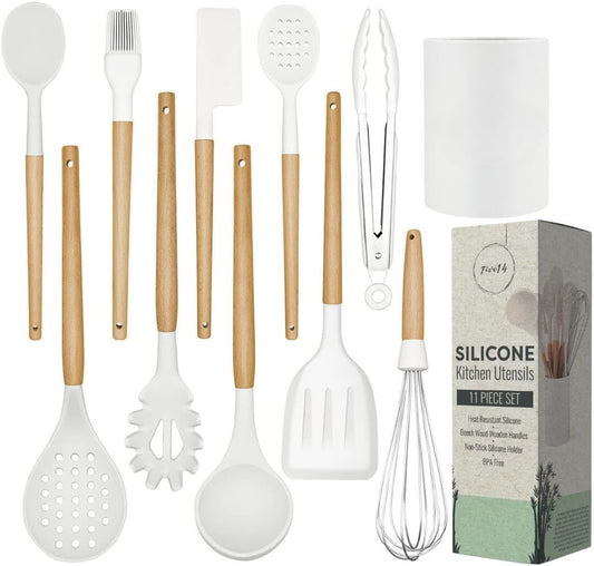 White Silicone Kitchen Utensils Set - Silicone Kitchen Utensils Set with Holder | 11 Pcs Wooden Cooking Utensils Set Kitchen Gadgets - Heat Resistant Utensil Sets for Cookware & Baking (BPA Free)