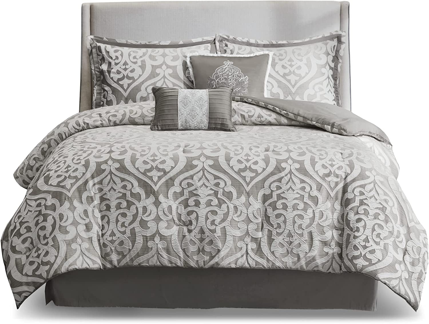 Tesla Cozy Comforter Set Jacquard Damask Medallion Design - All Season down Alternative Bedding, Shams, Bedskirt, Decorative Pillows, Queen, Silver 6 Piece