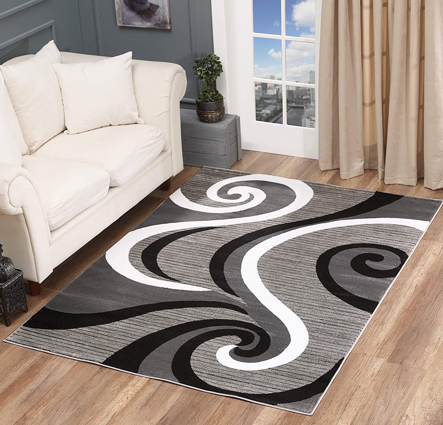 Modern Area Rug Swirls Carpet Bedroom Living Room Contemporary Dining Accent Sevilla Collection 4817 (4X6, Grey Black)