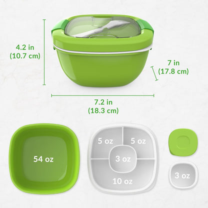 All-In-One Salad Container - Large Salad Bowl, Bento Box Tray, Leak-Proof Sauce Container, Airtight Lid, & Fork for Healthy Adult Lunches; Bpa-Free & Dishwasher/Microwave Safe (Green)