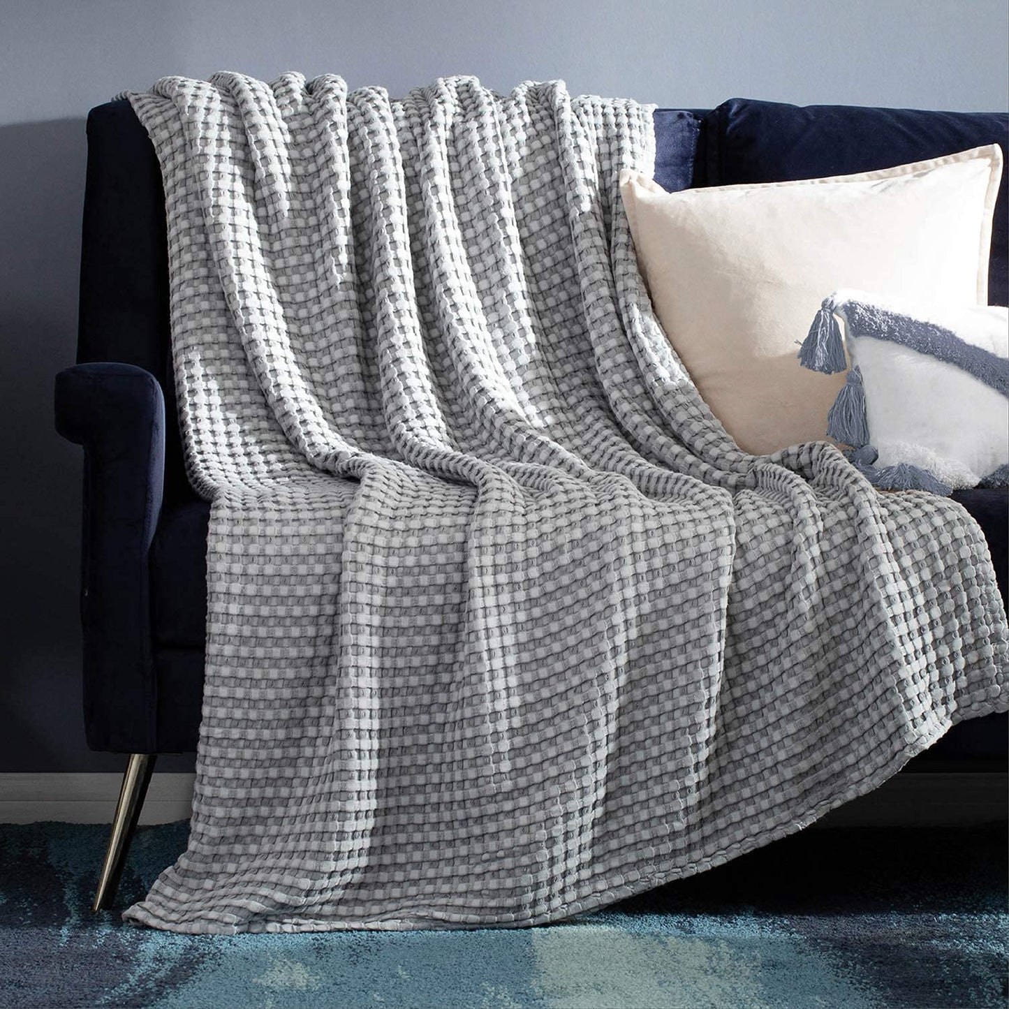 Cooling Cotton Waffle Queen Size Blanket - Lightweight Breathable Blanket of Rayon Derived from Bamboo for Hot Sleepers, Luxury Throws for Bed, Couch and Sofa, Grey, 90X90 Inches