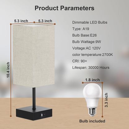 Table Lamp with USB C USB a Port,Square Touch Lamp for Bedroom with 3 Way Dimmable 2700K Warm Light, Beige Fabric Lamp Shade Small Lamp for Night Stand LED Bulb Included