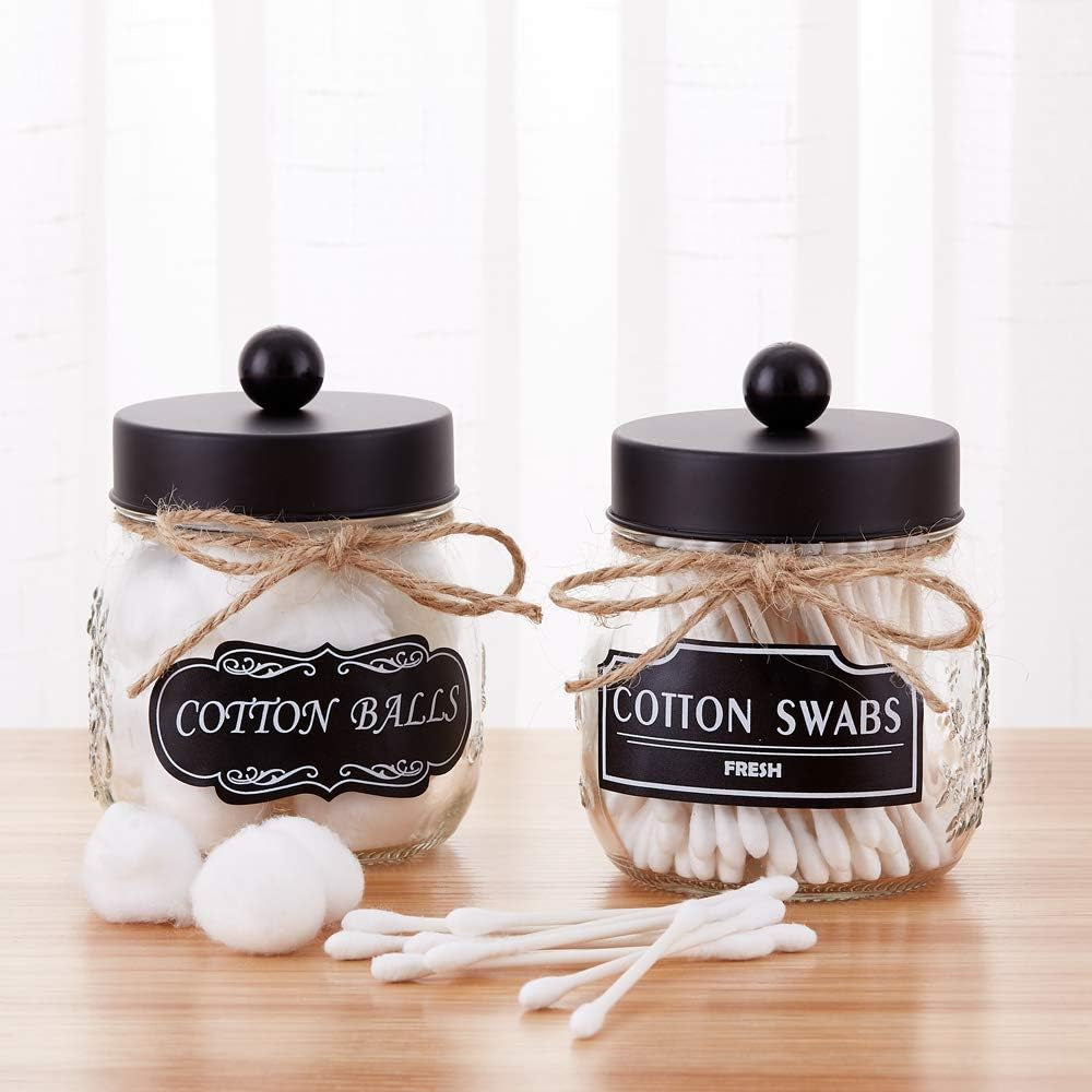 2 Pack Glass Mason Jar Mason Jar Bathroom Vanity Organizer with Black Stainless Steel Lid, Rustic Mason Jar Cotton Ball/Swabs/Rounds Holder Farmhouse, Mason Jar Decor Bathroom Storage - Black