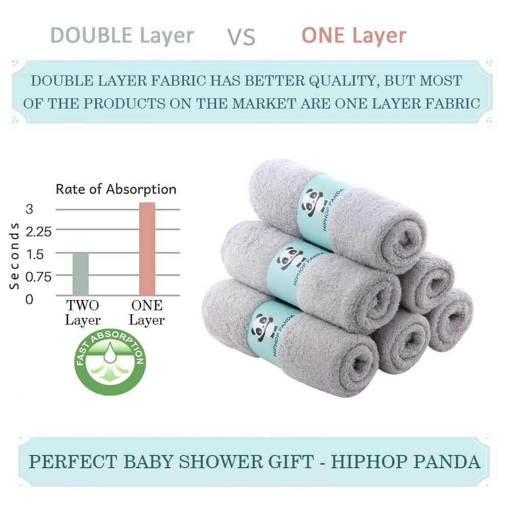 Baby Washcloths, Rayon Made from Bamboo - 2 Layer Ultra Soft Absorbent Newborn Bath Face Towel - Reusable Baby Wipes for Delicate Skin - Grey, 6 Pack