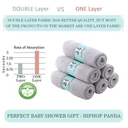 Baby Washcloths, Rayon Made from Bamboo - 2 Layer Ultra Soft Absorbent Newborn Bath Face Towel - Reusable Baby Wipes for Delicate Skin - Grey, 6 Pack