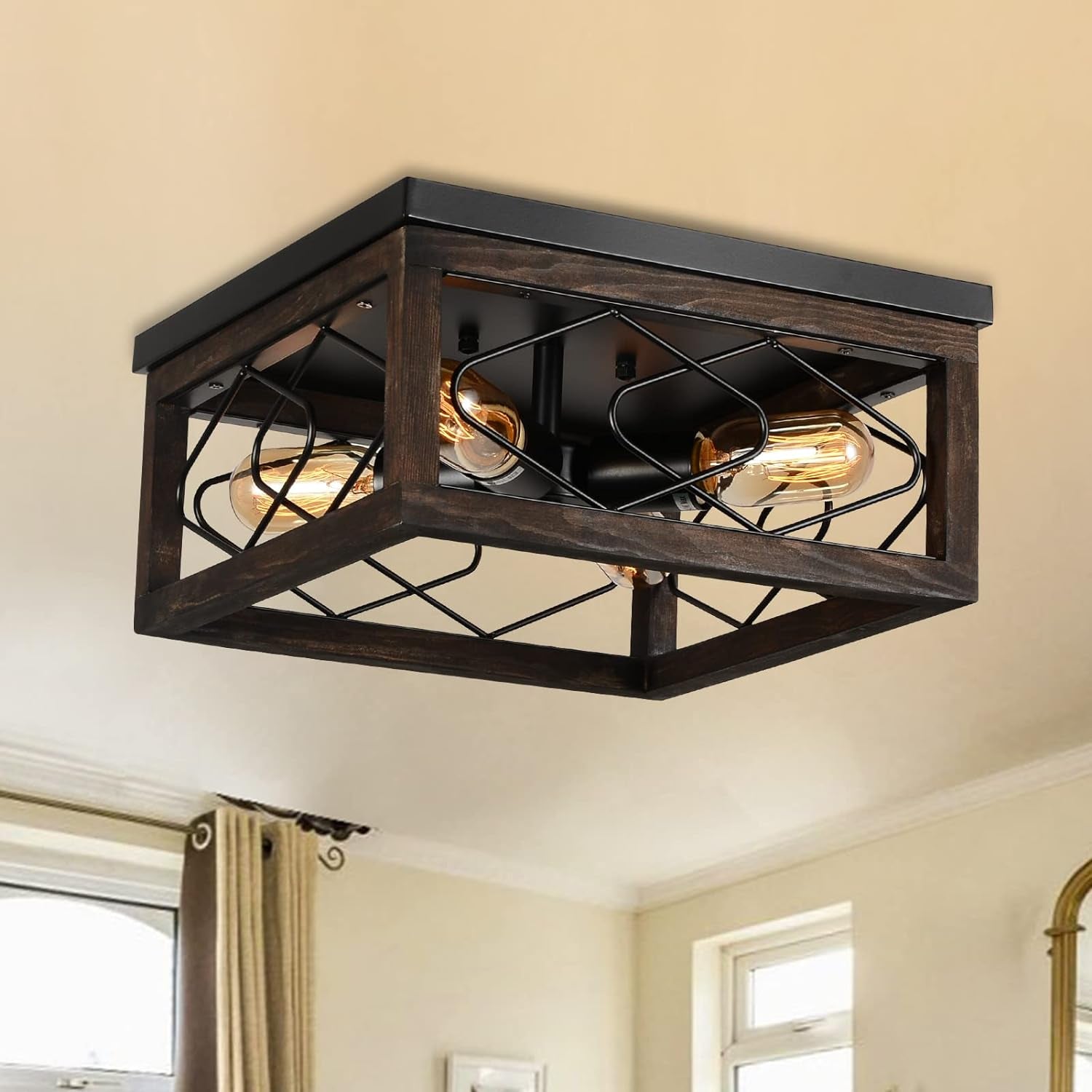 Rustic Farmhouse 4-Light Ceiling Black Light Fixture, UL Certified, Suitable for Kitchen, Dining Room, Entryway