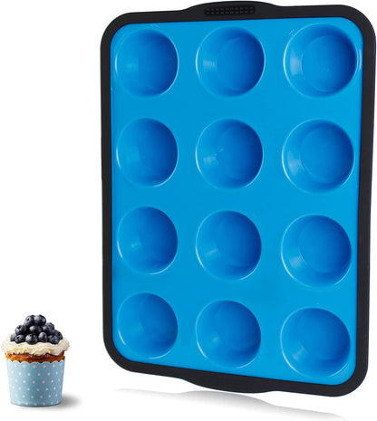 Non-Stick Silicone Muffin Pan with Reinforced Stainless Steel Frame Inside,12 Cup Regular Muffin Baking Mold, 12 Cup Muffin Tin, BPA Free,Dishwasher Safe, Blue