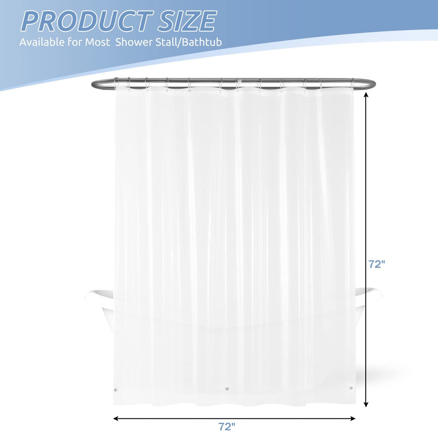 Waterproof Clear Shower Curtain Liner - PEVA Heavy Duty Plastic Shower Liner with 3 Magnets, Shower Curtains for Bathroom, 72" X 72", Clear