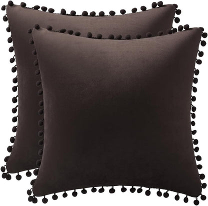 Decorative Pillow Cases 22X22 Brown: 2 Pack Cozy Soft Pom-Poms Velvet Square Throw Pillow Covers for Farmhouse Home Decor