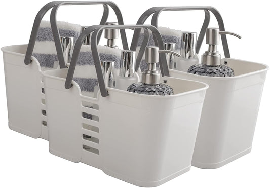 Plastic Storage Baskets with Handles, Storage Bin Protable Shower Caddy Baskets for Bathroom and Kitchen, (3 Pack, Grey)