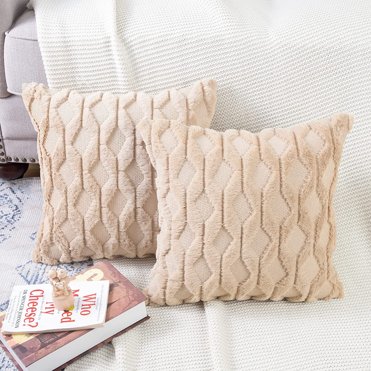 Set of 2 Soft Plush Short Wool Velvet Decorative Throw Pillow Covers 12X12 Inch Khaki Square Luxury Style Cushion Cases Pillow Shell for Sofa Bedroom