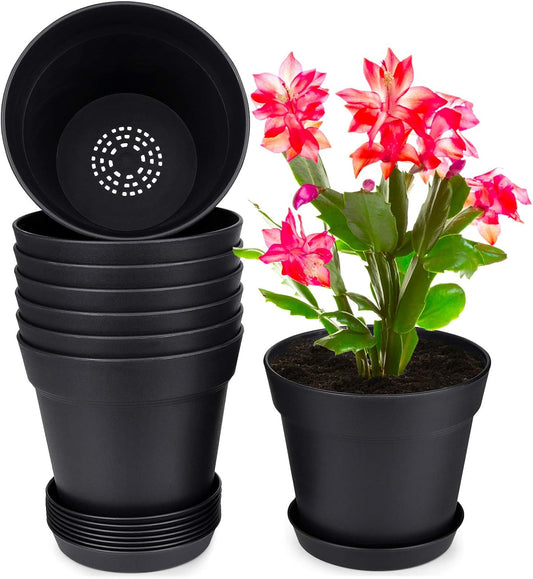 Pots for Plants Set of 8 with Trays (6 Inch, Black)