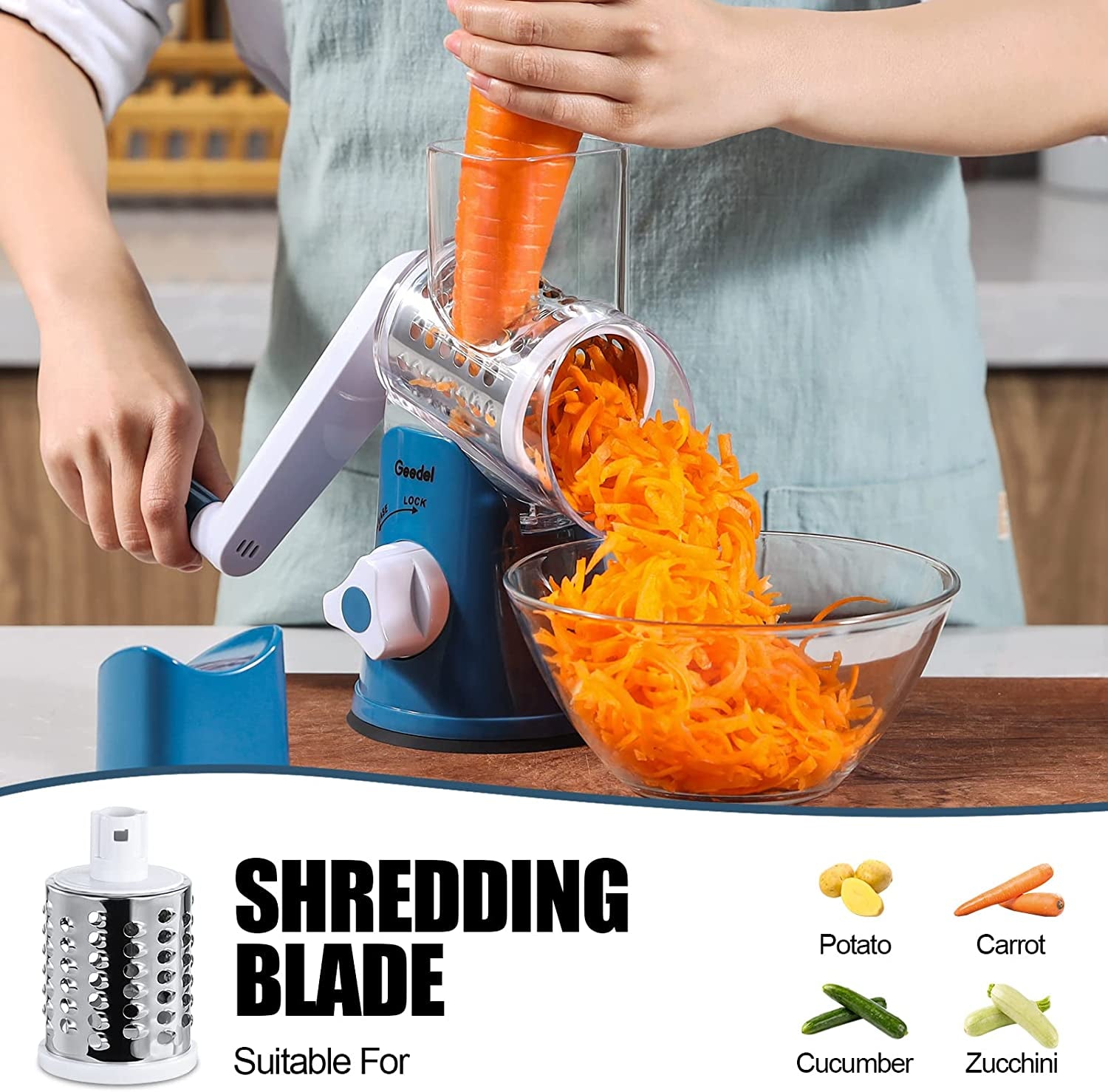 Rotary Cheese Grater, Kitchen Mandoline Vegetable Slicer with 3 Interchangeable Blades, Easy to Clean Rotary Grater Slicer for Fruit, Vegetables, Nuts