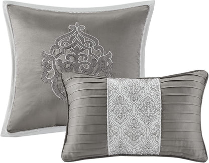 Tesla Cozy Comforter Set Jacquard Damask Medallion Design - All Season down Alternative Bedding, Shams, Bedskirt, Decorative Pillows, Queen, Silver 6 Piece