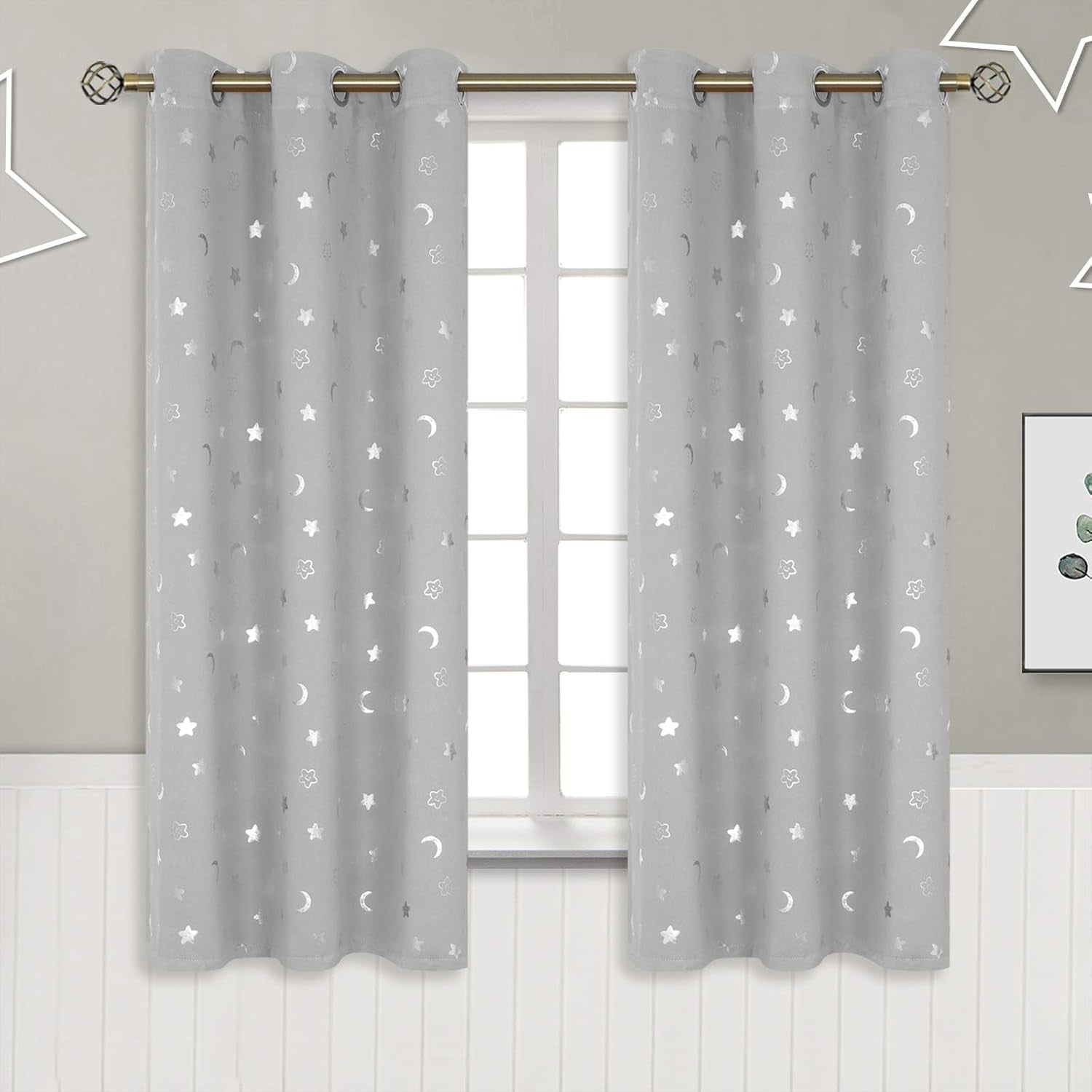 Kids Curtains for Nursery, Star and Moon Blackout Curtains for Boys Girls Bedroom 63 Inch Long, Room Darkening Thermal Insulated Grommet Curtains for Baby, Linght Grey, 2 Panels, 42 X 63 Inch