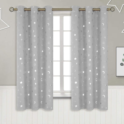 Kids Curtains for Nursery, Star and Moon Blackout Curtains for Boys Girls Bedroom 63 Inch Long, Room Darkening Thermal Insulated Grommet Curtains for Baby, Linght Grey, 2 Panels, 42 X 63 Inch