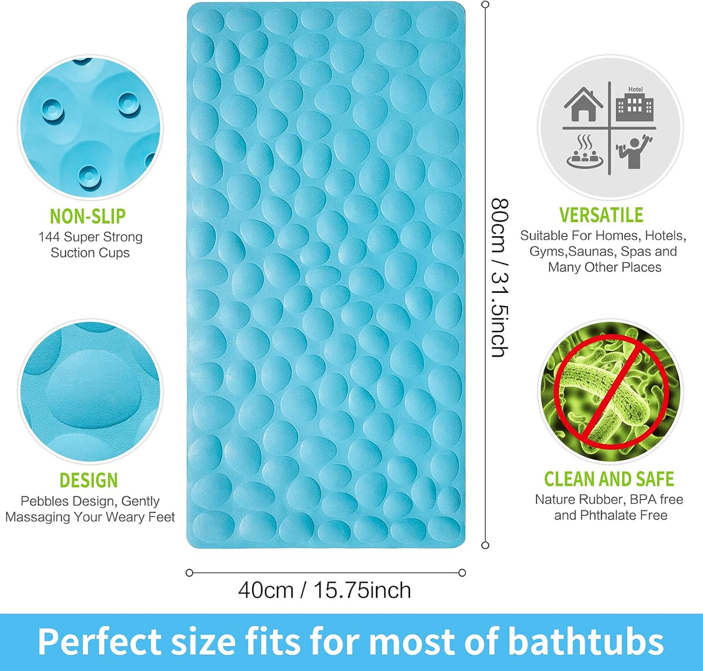 Baby Bath Mat: Bathmats for Bathtub Nonslip Bathroom Rubber Mat for Laundry, Tub Mats with Hundreds of Suction Cups for Kids, Elderly, 31.5X15.75 Inches (Blue)