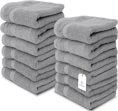 Light Grey Luxury Cotton Washcloths 12 Pc Set - Large 13X13 Inches Hotel Style Face Towel, High Absorbent Quick Dry Wash Cloths for Home, Spa, Gym, Light Grey, 12 Pack