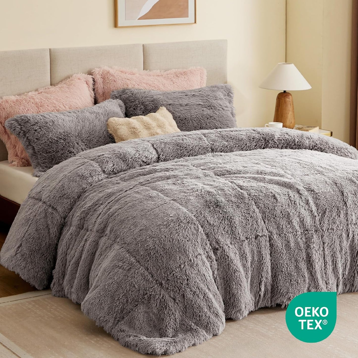 Malea Shaggy Comforter Set, Long Faux Fur Cozy down Alternative, Modern Casual Ultra Soft All Season Fluffy Bedding with Matching Sham, King/Cal King, Grey 3 Piece