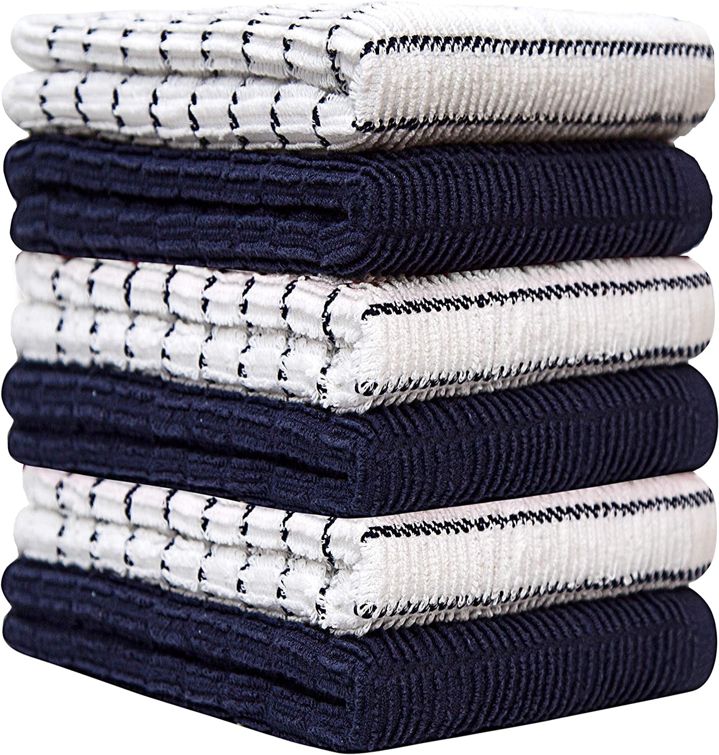 Pack of 6 Premium Bright Kitchen Towels Set - Striped Chef Weave Kitchen Hand Towels - Large, 380 GSM, Extra Absorbent - Dish Towels for Drying Dishes - Cotton Tea Towels - Kitchen Hand Towels - Navy