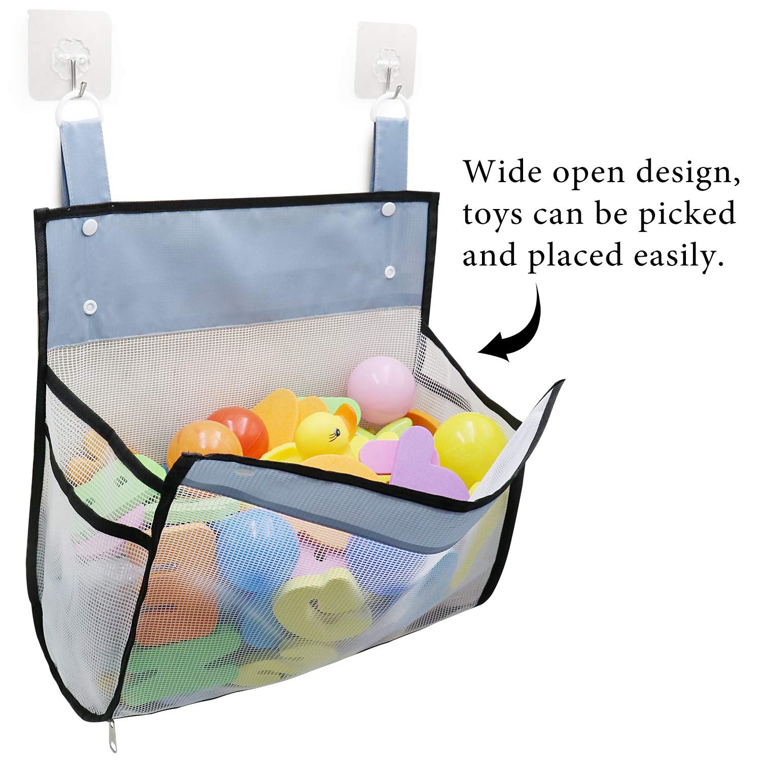 Bath Toy Organizer Multiple Ways to Hang, Extra Large Opening Bathroom Toy Holder, Bottom Zipper Bathtub Toy Storage Bag (Black)