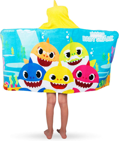 Kids Bath and Beach Soft Cotton Terry Hooded Towel Wrap, 24" X 50", Baby Shark