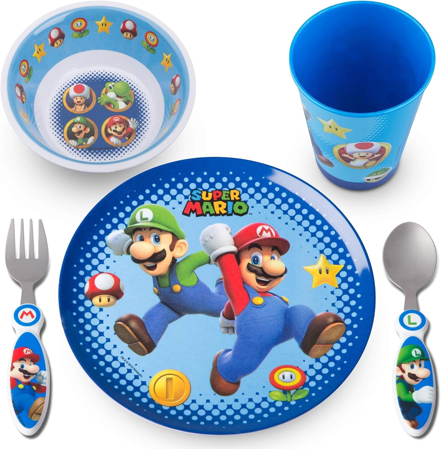 Kids Dinnerware Cartoon Designed Mealtime Kitchen Set, 5 Piece Pack, Super Mario,Kz0068