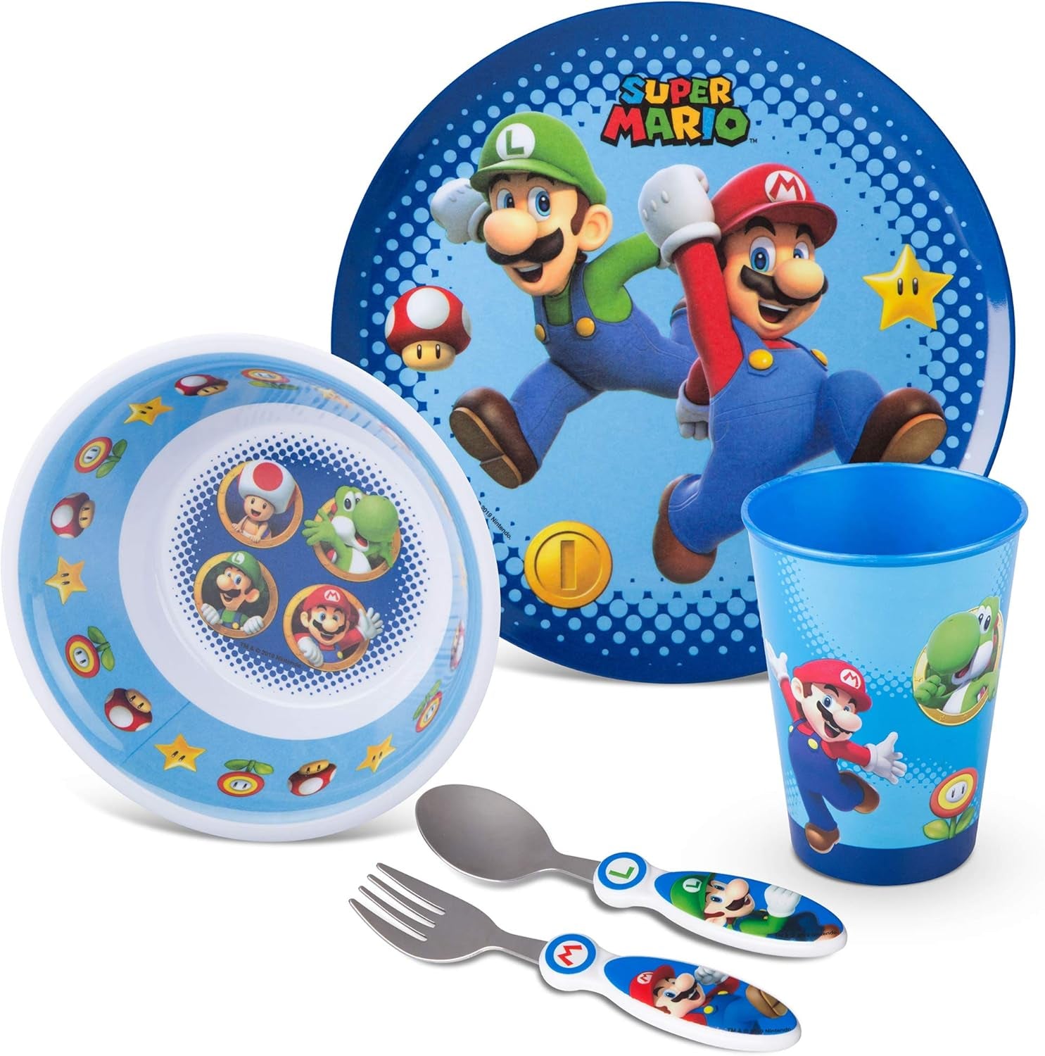 Kids Dinnerware Cartoon Designed Mealtime Kitchen Set, 5 Piece Pack, Super Mario,Kz0068