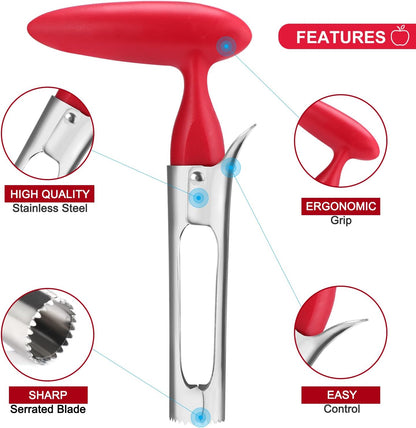 Premium Apple Corer Tool - Easy to Use and Clean - Sturdy Apple Core Remover with Sharp Serrated Blades - Stainless Steel Corers for Apple and Pear - Core Fruits with Ease(Red)