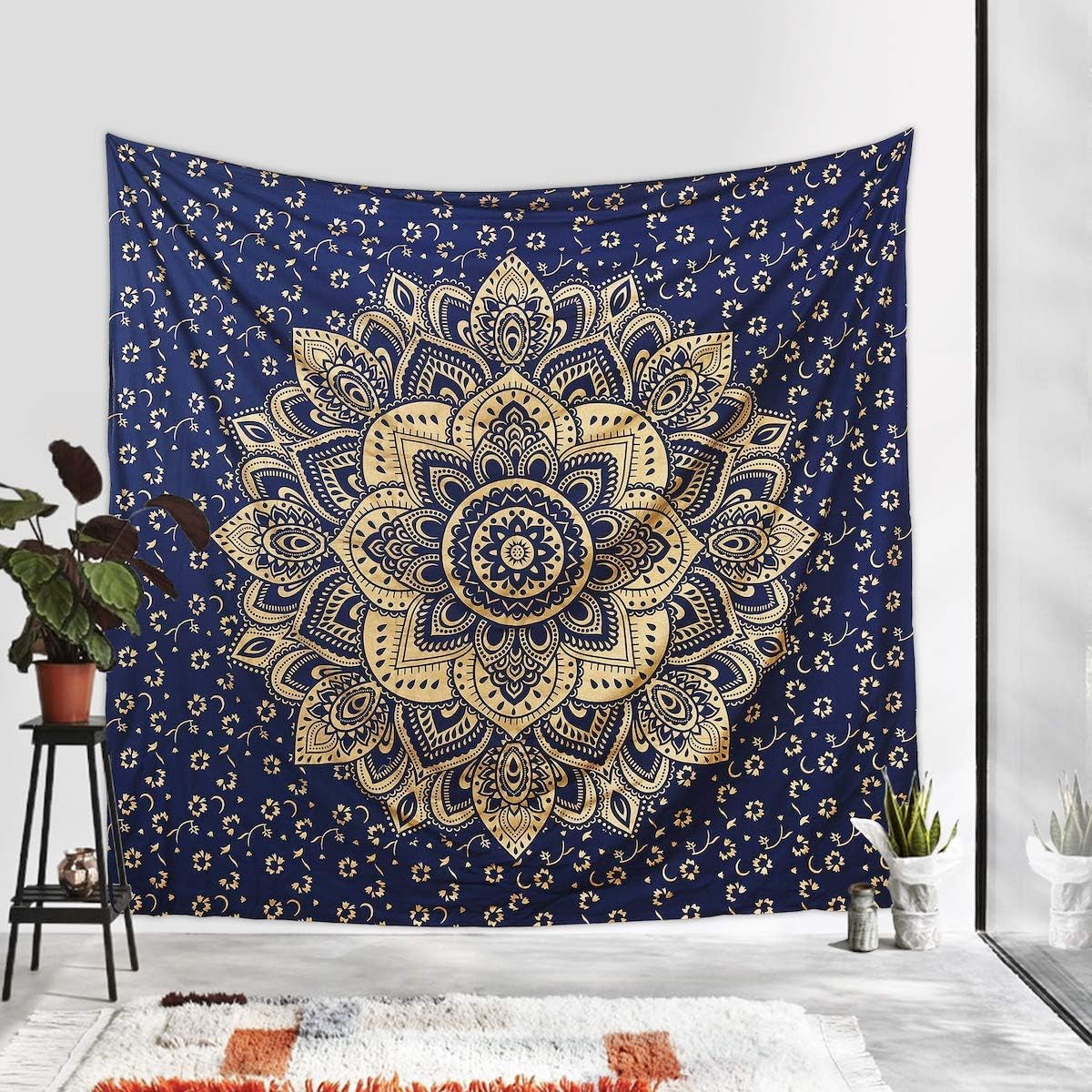 Mandala Tapestry Cotton | Indian Hippie Dorm Bohemian Psychedelic Peacock Mandala | Wall Hanging, Beach Throw, Bedsheet, Table Cover, Yoga Mat | Poster(Blue Dye-Gold, 30 X 40 Inch)