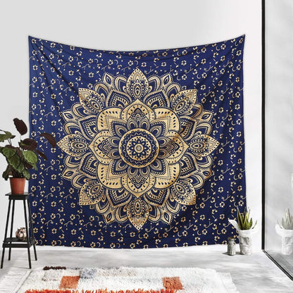 Mandala Tapestry Cotton | Indian Hippie Dorm Bohemian Psychedelic Peacock Mandala | Wall Hanging, Beach Throw, Bedsheet, Table Cover, Yoga Mat | Poster(Blue Dye-Gold, 30 X 40 Inch)