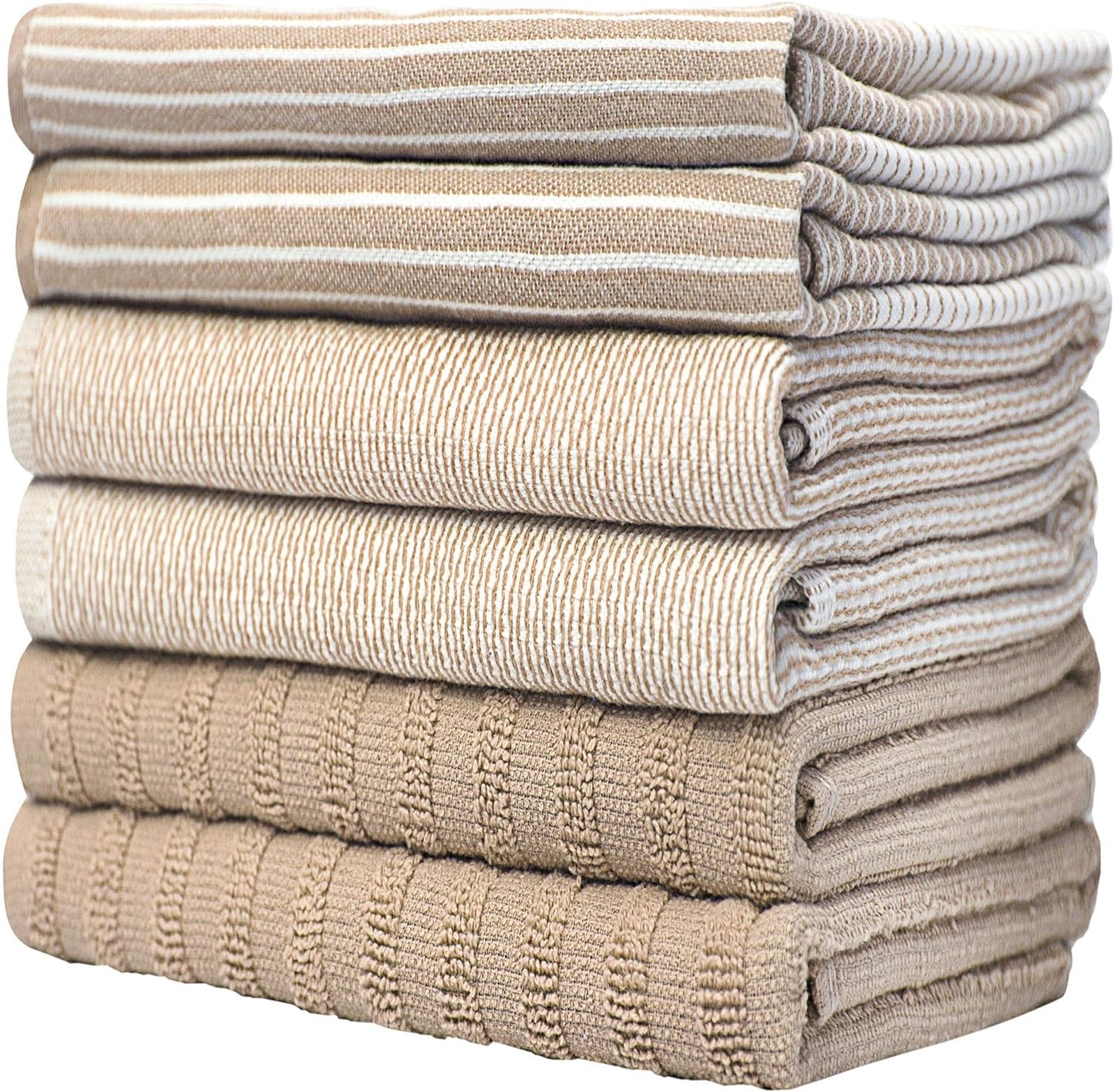 Premium Dish Towels (20”X 28”, 6 Pack) | Large Cotton Kitchen Hand Towels | | Flat & Terry Highly Absorbent Tea Towels Set with Hanging Loop | Tan