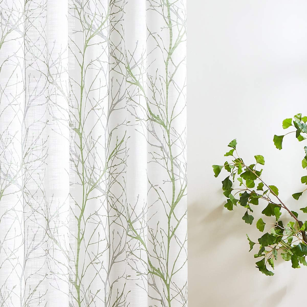 Green Sheer White Curtains 84” for Living Room Grey Tree Branches Print Curtain Set Linen Textured Semi-Sheer Window Drapes for Bedroom Rod Pocket, 2 Panels