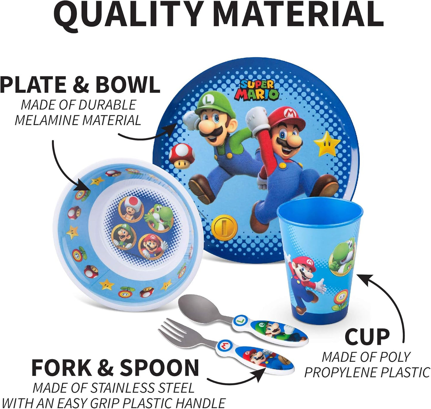 Kids Dinnerware Cartoon Designed Mealtime Kitchen Set, 5 Piece Pack, Super Mario,Kz0068