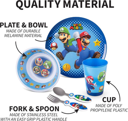 Kids Dinnerware Cartoon Designed Mealtime Kitchen Set, 5 Piece Pack, Super Mario,Kz0068