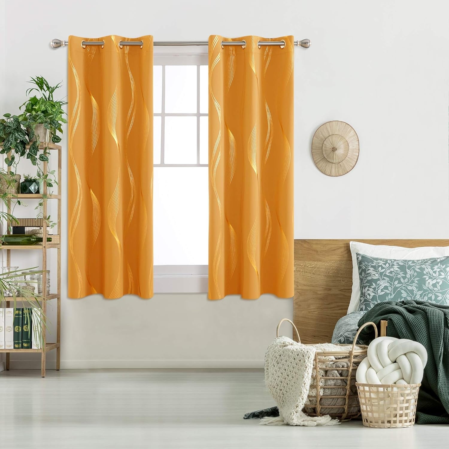 Blackout Grommet Gold Pattern Printed Curtains, Orange Flame/Wave, 42W X 45L