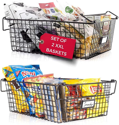 XXL Stackable Wire Baskets for Organizing - Set of 2 Snack & Chips Organizer for Pantry; Wire Storage Baskets with Handles; Extra Large Bronze Chip Storage for Pantry